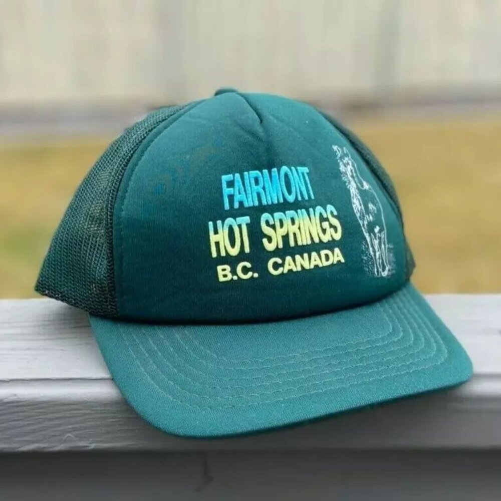 Vintage Trucker Hat Mesh Cap Snapback Green Fairmont Hot Springs B.C. Canada
